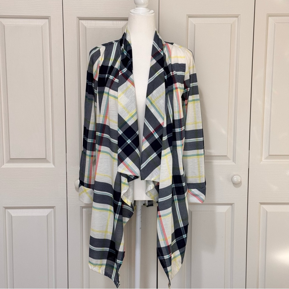 NWT New York Laundry Blue Plaid Waterfall Cardigan Roll Tab Sleeve L